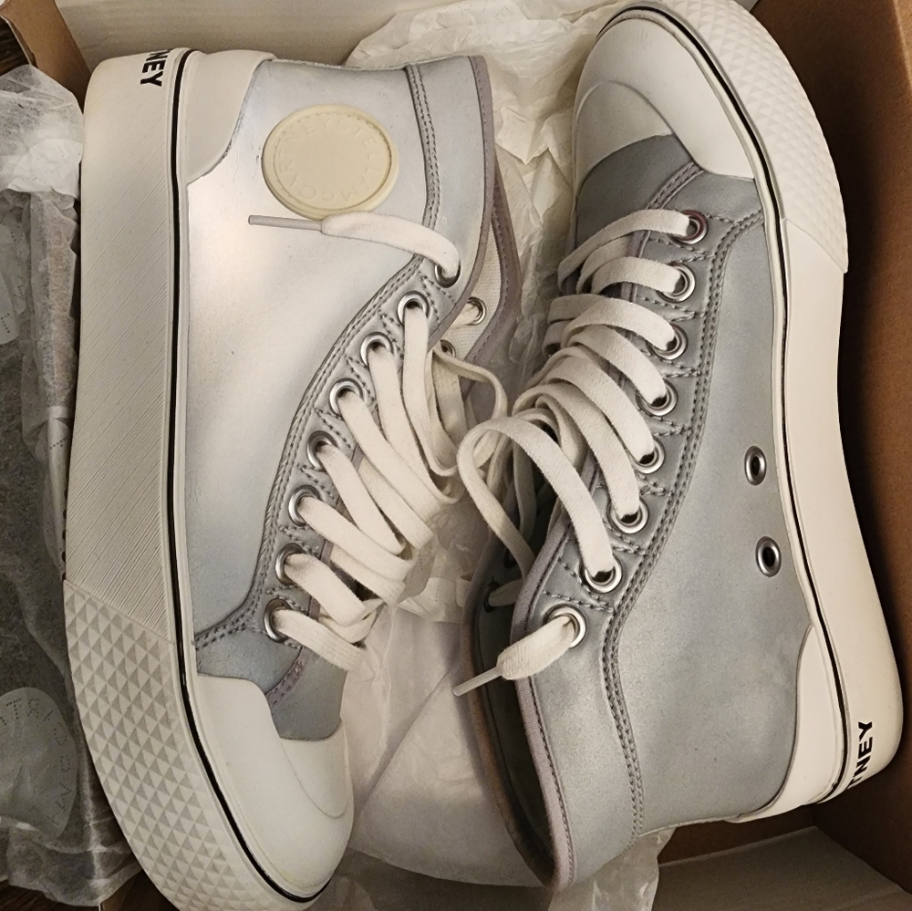 STELLA MCCARTNEY METALLIC LOGO HIGH-TOP SNEAKERS SIZE 8